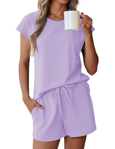 Image of Ekouaer Cotton Pajamas for Women Set 2 Piece Cap Sleeve Pjs Shorts Set Lounge Sets Sleepwear S-XXL