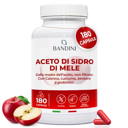Bandini® Aceto di Sidro di Mele Complex 1860mg Alta Concentrazione, 180 Capsule Vegane di Aceto di Mele con Madre, Non Filtrato, con Probiotici, Curcuma, Pepe, Zenzero, Scorta per 2 Mesi