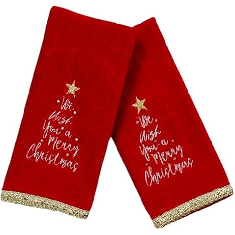 Serafina Home Holiday Christmas Bath Fingertip Towels, Embroidered Gold We Wish You a Merry Christmas with Gold Lace Hem, 2 Piece Set, 12 x 18 inches, 100% Cotton Cover