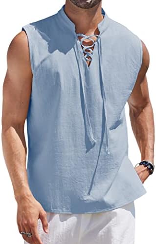 COOFANDY Mens Cotton Linen Tank Tops Beach Casual Sleeveless Henley Tank Shirts Sky Blue