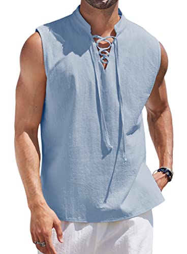 Coofandy Mens Cotton Linen Tank Tops Beach Casual Sleeveless Henley Tank Shirts Sky Blue #TOP5