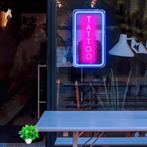 Image of Neon Tattoo Light,LED Arylic Tattoo Neon Sign for Tattoo Shop Door Wall Light up Decor,Reusable and Dimmable Tattoo Gifts for Tattoo Lover,Tattoo Decor Shop Sign Open,16x9In(Blue+Pink Tattoo)