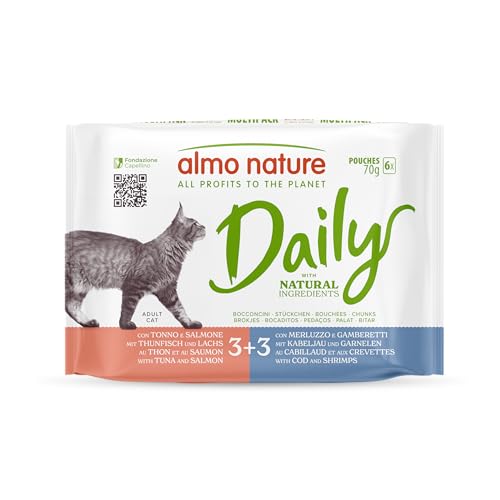 almo Nature Daily – Alimento húmedo Completo para Gatos Adultos – con atún y salmón – con Bacalao y camarones – 6 bolsitas de 70 g