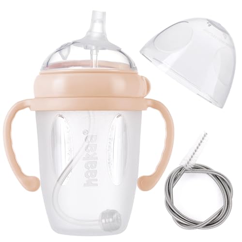 Image of haakaa Weighted Straw Cup Sippy Cup for 6+ Month Old, Silicone Baby Straw Cup Water Cup Training Cup with Straw Brush, 8oz/250ml, Peach