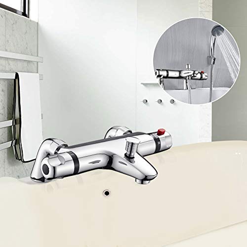 Thermostatic Bath Shower Mixer Tap, AIMOYO Thermostatic Bath Mixer Taps with Shower, Solid Brass Thermostatic Bathtub Shower Mixer Bar Valve, Deck Mounted Thermostatic Bath Tub Taps, 180mm - Image 3