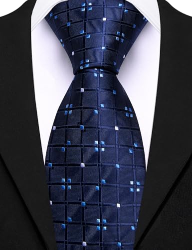 Image of Barry.Wang Plaid Ties Mens Silk Necktie and Tie Clip Checkered Tie for Wedding Party Business Formal