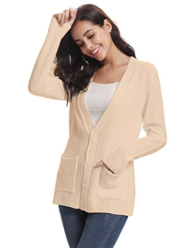 Abollria Damen Lange Strickjacke V Ausschnitt Strickweste mit Tasche Casual Grobstrick Cardigan mit Knopfleiste Herbst Mantel,Beige,M