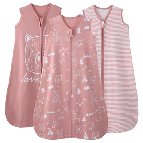 Image of Looxii Baby Sleep Sack 0-6 Months 3 Pack 100% Cotton Baby Wearable Blanket 0.5TOG Toddler Sleeping Bag with 2-Way Zipper Pink Bear