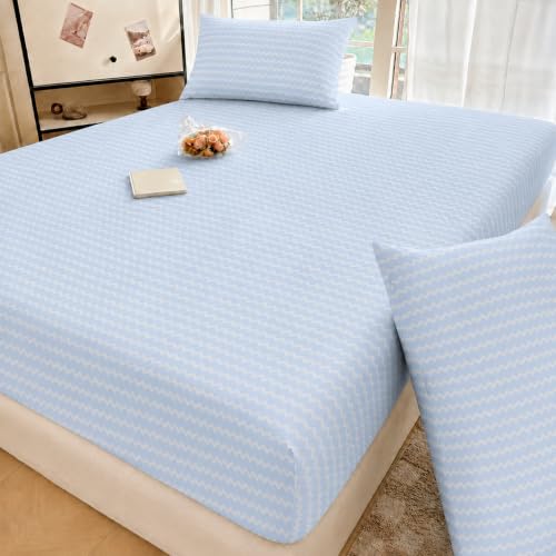 Image of VOMZER King Size (60x78) 300 TC Soft Cotton Feel Microfiber All Around Elastic Fitted Double Queen Bedsheet with 2 Pillow Covers | Blue Zig Zag