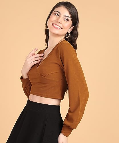 Image of POPWINGS Women Casual Self Design Rust Deep V Neck Full Sleeve Crop Top | Women Tops | Women Regular Tops | Women Tops | Women Stylish Tops