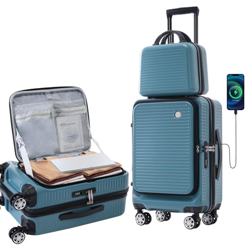 Carry-on Luggage 20 Inch Front Open Luggage Lightweight Suitcase with Front Pocket and USB Port, 1 Portable Carrying Case (Blue)2