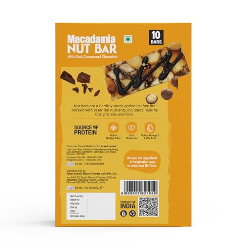 Image of Aiwo Macadamia Nut Bar with Dark Compound Chocolate | Daily Protein Bars | Pack of 10 x 40g Protein Bars