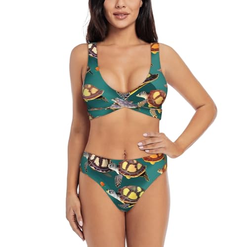 Maillot de bain 2 pièces imprimé tortues et gainant pour femme