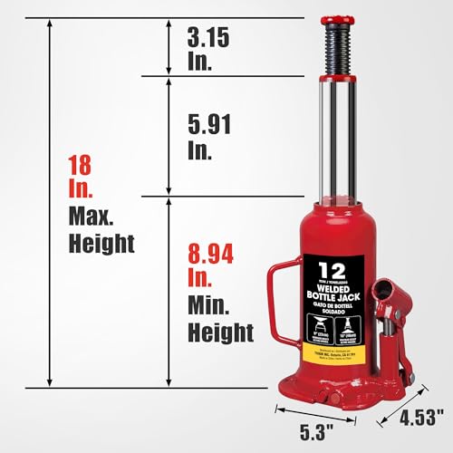 Image of Big Red 12 Ton (24,000 lb) Hydraulic Bottle Jack with Carrying Case,Red