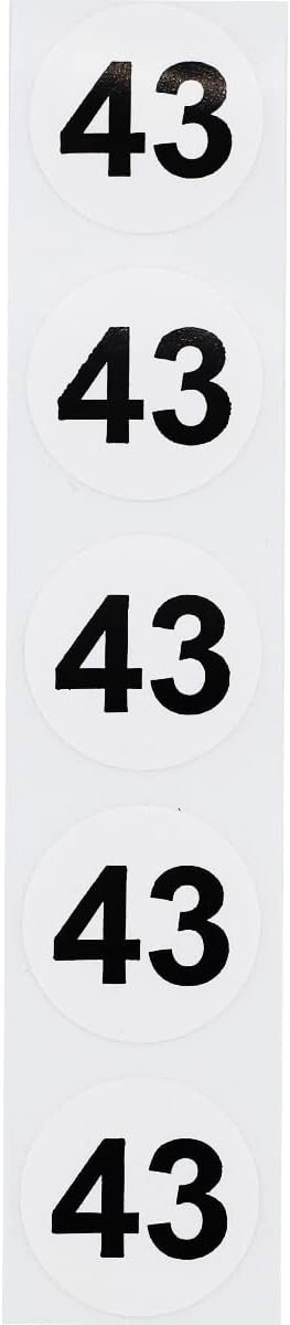 White with Black Number 43 Circle Dot Stickers, 3/4 Inch Round, 500 Labels on a Roll for Organization and Inventory - Semi-Gloss Finish - Made in The USA