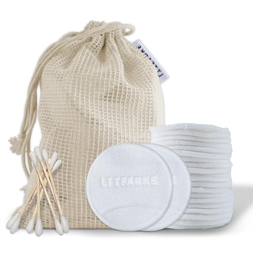 LTTFARKE 20-Pack 3-Layer Bamboo Fibre Finger Pocket Design Reusable Makeup Remover Pads | Eco-Friendly Ultra-Soft Travel-Friendly Cleansing Pads | with Double Drawstring Mesh Bag & Bonus Cotton Swabs