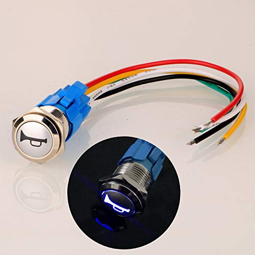 Gebildet 12V-24V/5A 16mm Précâblé Momentané Klaxon Bouton Poussoir Etanche Métal De Bouton avec Bleu LED