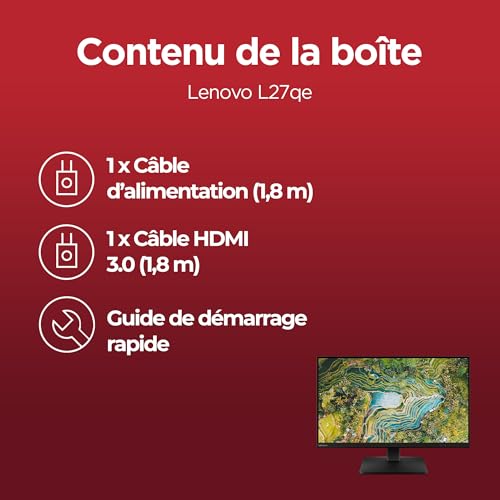 Lenovo L27qe - Écran 27'' QHD (IPS, 100 Hz, 4 ms, HDMI+DP, Cable HDMI) - Noir