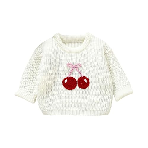 Toddler Kids Cable Knit Sweater Cute Cherry Embroidered Pullover Sweater for Girls Boys Crewneck Fall Winter Warm Sweatshirt