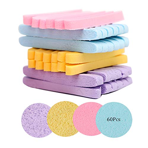 Tegelrying Facial Sponge Compressed, 60 Pcs PVA Professional Makeup Removal Wash Round Face Sponges Spa Pads Exfoliating Cleansing for Women, Yellow, Pink, Blue, Purple