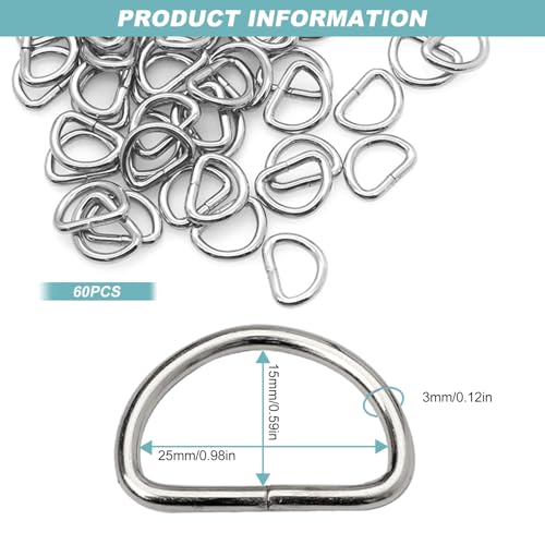 Rjayaa D Rings for Bag 25mm, 60 Pcs Metal D Rings Heavy Duty Silver D Shape Ring Buckles for Bags Handbag Backpack Strap Belt Hardware - Image 2