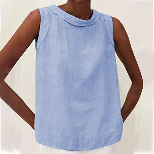 Camisetas de linho de verão 2024 para mulheres com lapela sem mangas, cores sólidas, casuais, soltas