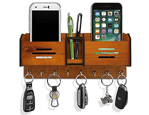 Image of CAPIO ART Wooden Key Holders for Home Wall Stylish | Wall Mounted Decorative, 8 Hooks, 2 Mobile & 1 Pen Holder Storage, Multipurpose, Brown