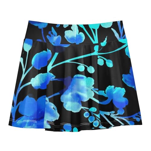 Joisal Watercolor Blue Turquoise Flowers Leaves Black Kids Tennis Skirts Neon Girls Skorts Athletic Shorts Pleated Skort 4t2