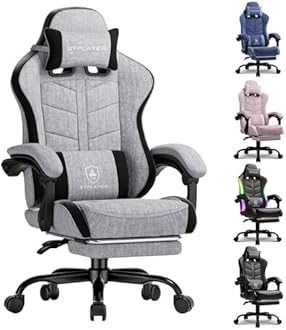 GTPLAYER Gaming Chair with Footrest, Computer Gaming Chair for Adults and Kids, Height Adjustable Gamer Chair with 90-155° Recline & Removable Headrest Lumbar Support,Linen Fabric Gray-Black