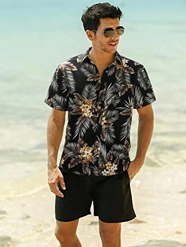 HISDERN Mens Button Down Hawaiian Shirts Black Summer Casual Tropical Floral Aloha Shirt Short Sleeve Vacation Palm Leaf Hawaii Beach Dress Shirt - Image 2