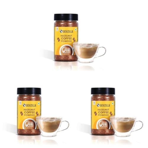 Image of Bevzilla 75g Hazelnut Flavored Coffee Powder Jar | Premium Arabica Coffee | Ideal for Espresso, Latte & Cappuccino | Hot & Cold Coffee Brews (Pack of 3)
