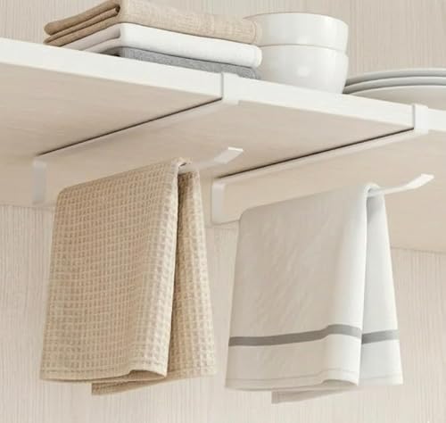 QUEHUN Under Cabinet Towel Bars - Drill-Free Slide-On Hook Rack for Bathroom Hand Towels & Kitchen Dish Towels (Pack of 2) - Rustproof Heavy Duty Metal Hanger