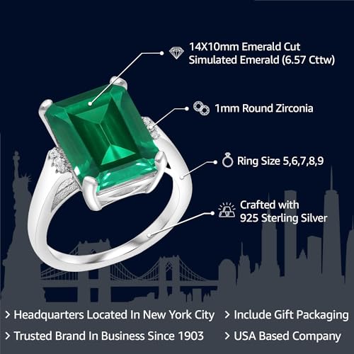 Gem Stone King 6.57 Cttw Green Simulated Emerald Engagement Ring For Women | 925 Sterling Silver | Emerald Cut 14X10MM | Available In Size 5, 6, 7, 8, 92