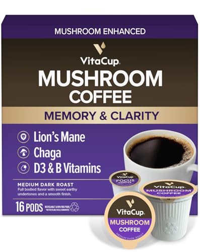 VitaCup Mushroom Coffee Pods, Boost Focus & Immunity w/Lions Mane, Chaga, B Vitamins, D3 for Memory & Clarity, Medium Roast, Recyclable Single Serve Pod Compatible w/Keurig K-Cup Brewers,16 Ct