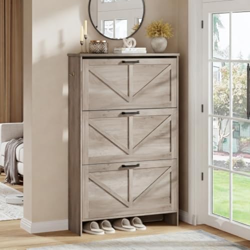 Nicetree Farmhouse Gray Shoe Cabinet – Ultra Slim 3-Drawer Flip Organizer with Shaker Barn Door Accents, 3 Adjustable Shelves, and Freestanding Compact Design, Shoe Rack Stores Multiple Pairs