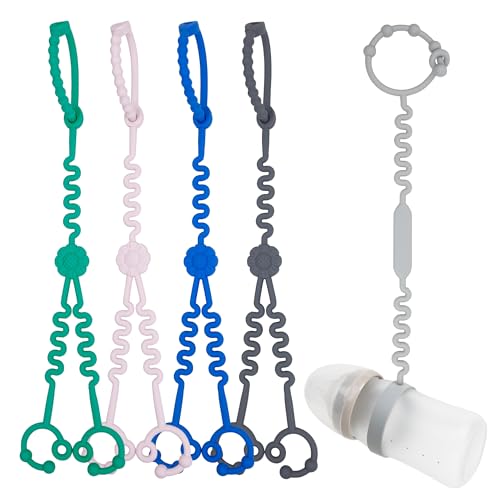 Image of Baby Toy Straps - 1 Drag 2 Design for Toy Safety - 5 Food-Grade Silicone Straps for Strollers, High Chairs, Cribs & Car Seats - Navy, Dark Gray, Pink, Spearmint + Sippy Cup Strap