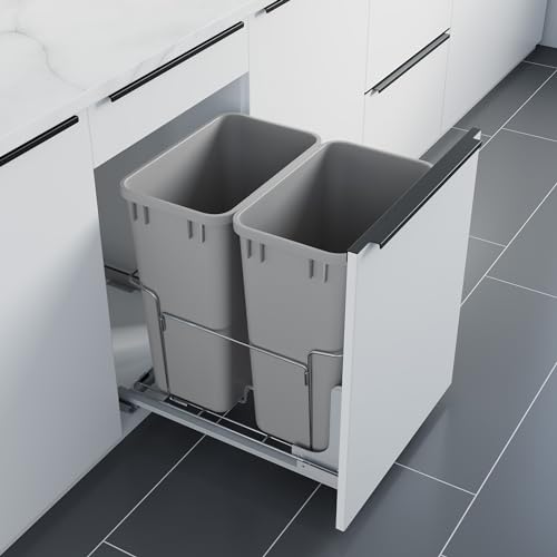 Image of Dowell B18 Aluminum Base Wastebasket Pullout with Door Mount and Two 35Qt /9Gal Plastic Bins (4012 0218+35x2)