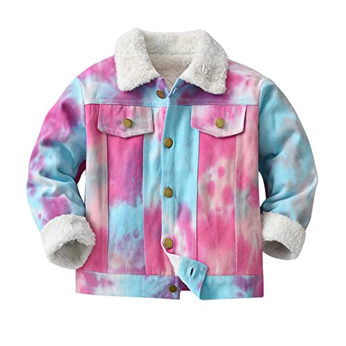 KAGAYD Girl's Vintage Basic Distressed Tie-dyed Long Sleeve Denim Jacket Warm Thicken Coats for Kids Boys