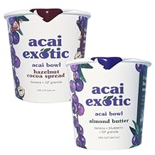 Acai Exotic Acai Bowl 4-Pack - Creamy Healthy Snacks With 2 Almond Butter & 2 Hazelnut Cocoa Spread Bowls, Wild Blueberries, Coconut Cream & Gluten-Free Granola- An Organic Fruit Bowl Youll Love- 8oz