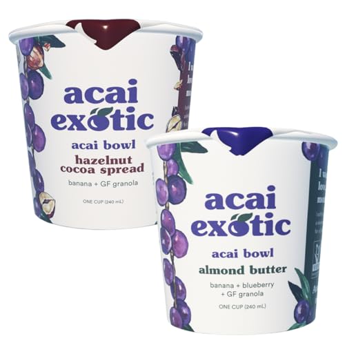 Acai Exotic Acai Bowl 4-Pack - Creamy Healthy Snacks With 2 Almond Butter & 2 Hazelnut Cocoa Spread Bowls, Wild Blueberries, Coconut Cream & Gluten-Free Granola- An Organic Fruit Bowl You’ll Love- 8oz