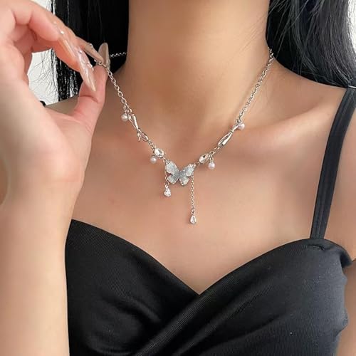Silver Rhinestone Butterfly Necklace for Women Y2K Irregular Pearl Bow Y Necklace Sparkly Crystal Butterfly Pendant Necklace Adjustable Cubic Zirconia Butterfly Chain Necklace Fashion Gemstones Accessories Jewerly3