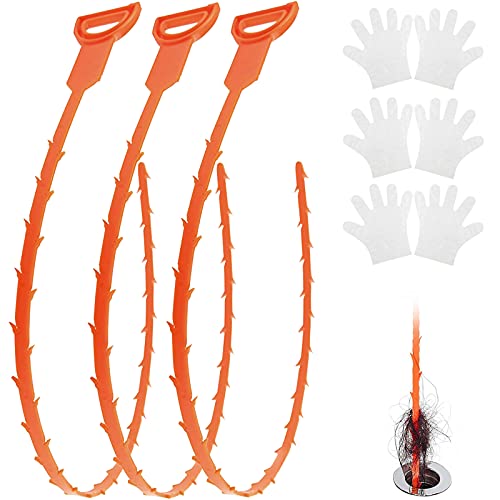 3-Pack Wisekoti Hair Drain Cleaner, 20 Inch Snake Tool for Tubs, Showers & Kitchen Sink - 3-Pair Free Disposable Gloves