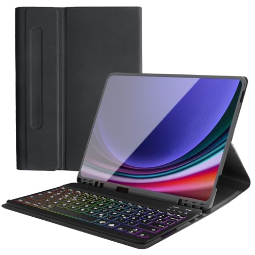 Qoosea QWERTZ Étui de clavier éclairé pour Samsung Tab S9 FE 10,9/Tab S9 11 2023, coque arrière en TPU souple, étui de protection à rabat, magnétique, Bluetooth amovible, clavier sans fil