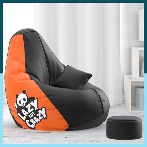 Image of Biggie Bean Bag with Beans Filled 4XL Bean Bag with Free Cushion and Footrest - Official : Nice Nirvana Combo (Matching Color : Printed, Lazy but Crazy - Black Orange)
