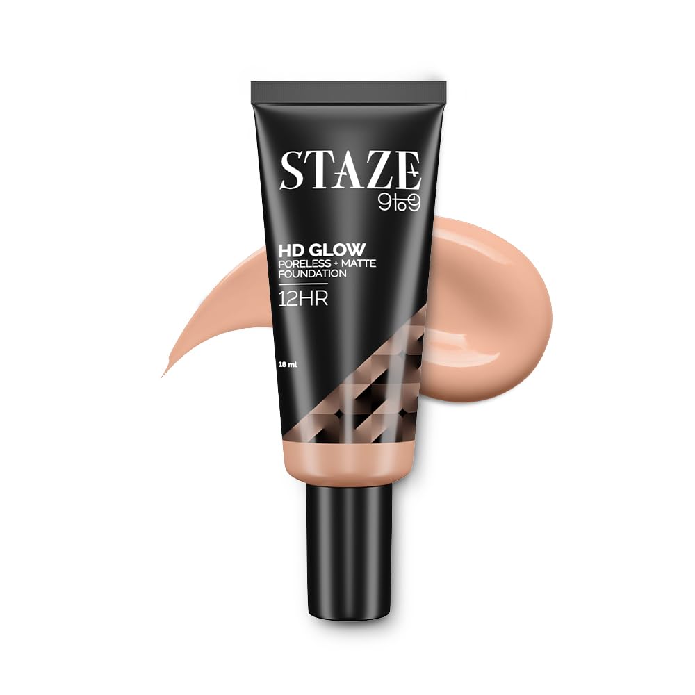 Staze 9To9 HD Liquid Foundation | 12Hrs Longlasting | Poreless + Matte Flawless Finish | Full Coverage, Sweatproof & Easily Blendable | Suitable For All Skin Types | 200W Beige | 18 Ml