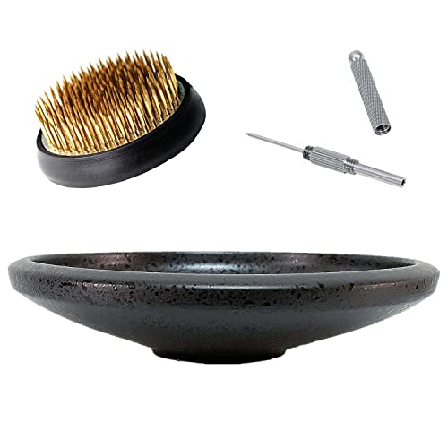 Eggone Japanese Ikebana Kit Floral Frog Japanese Flower Arranging Supplies Flower Container With Needle Straightening Tool & Kenzan - 2.4Inch Flower Frog, Bowl Vase (Frosted Bowl With Spots) #TOP30