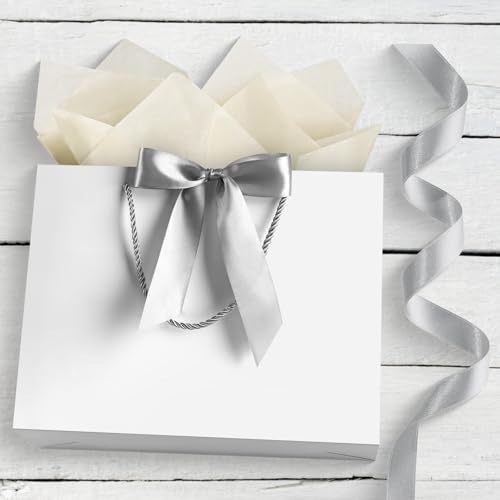 Image of JMANNI White Gift Bags with Handles, 13 inch Medium Gift Bag for Presents, 1 Pcs Bags with 2 Tissue Paper and 1 Cards for Graduation Wedding Men Birthday Anniversary 4th of July Bachelor Party Decorations