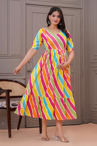 Image of Women's Feeding Kurta Cotton | Floral Anarkali Pregnancy Kurta with Nursing Zipper | Pre & Post Partum | Maternity Dresses | Mom to Be Gift