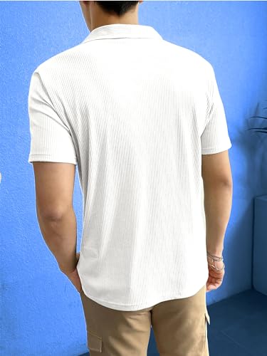Image of Jump Cuts Mens Solid Textured Plain Polo Neck Half Sleeve White Cottonblend T-Shirt