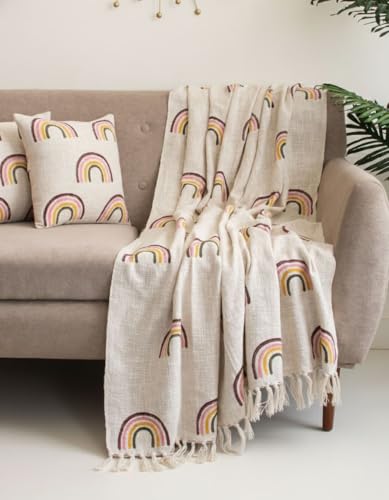 Image of Handwoven Cotton Sofa Throw Blanket with 2 pcs Cushion Covers Lightweight Decorative Couch & Bed Throw (Pack of 3, Rainbow Print)
